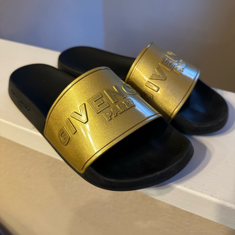 Givenchy Men's Slides with Gold Strap and Black Sole